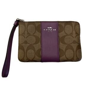 Coach Brown Signature Canvas And  Purple Leather Wristlet F58035 Wallet